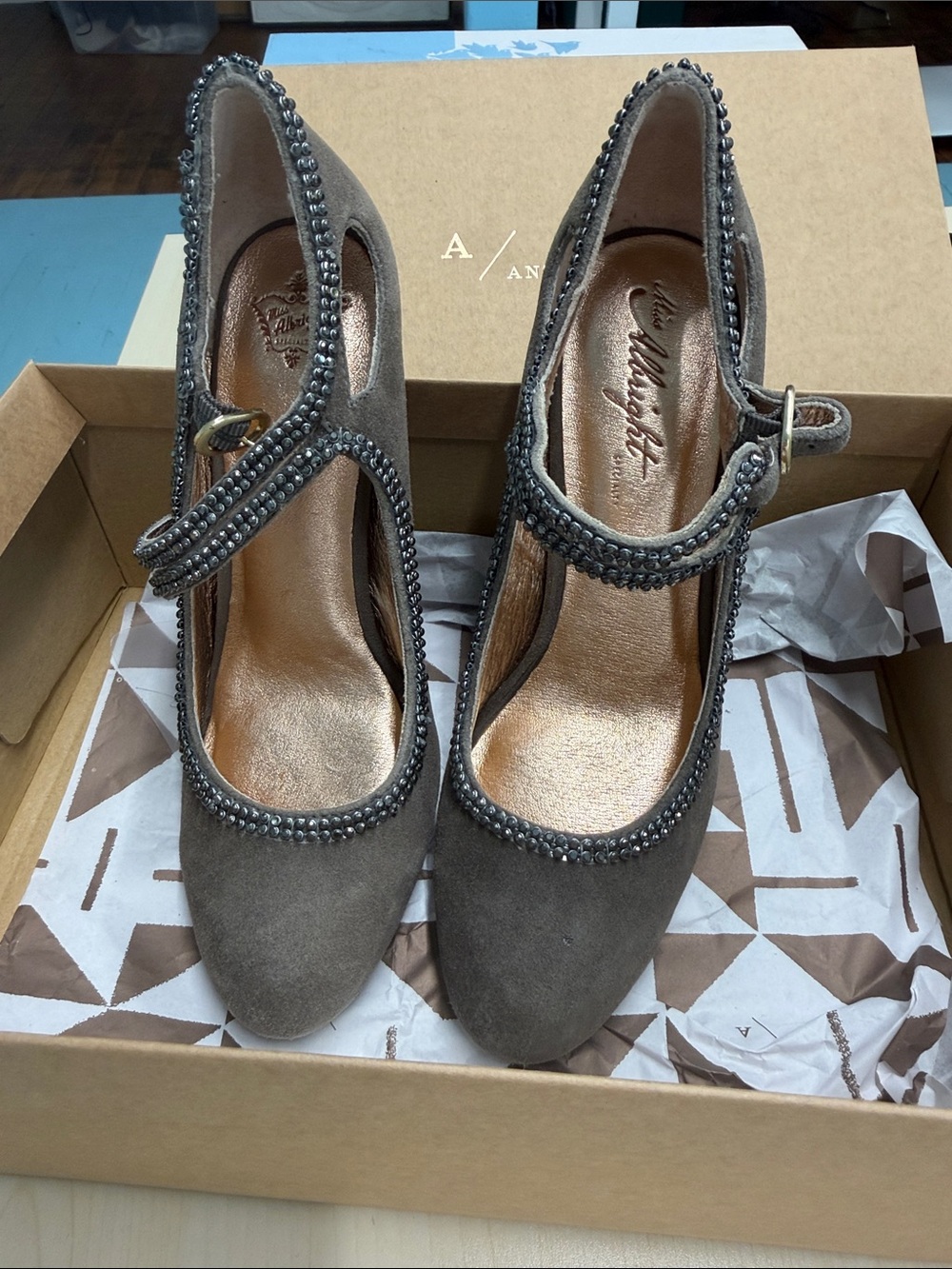 Miss Albright Anthropologie Suede Embellished Heels